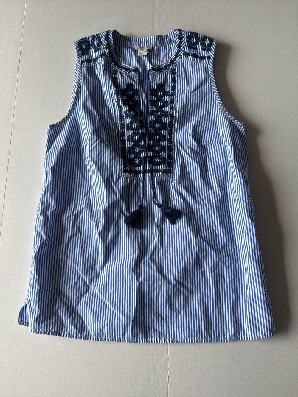 J Crew Navy & White Striped Embroidered Sleeveless Top